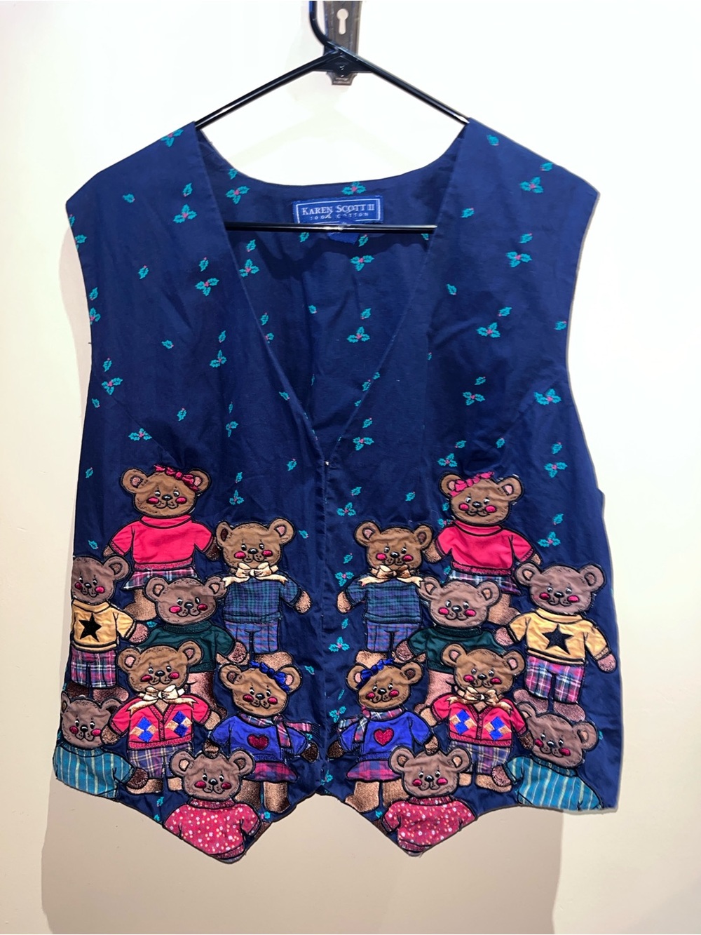 Vintage Karen Scott Teddy Bear Appliqué Christmas Vest Grannycore Y2K